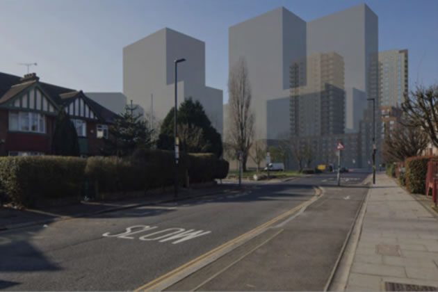 The three much expanded towers from designs made in 2019 seen from Friary Road