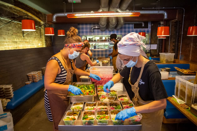 Donated meals being assembled at Made in Hackney