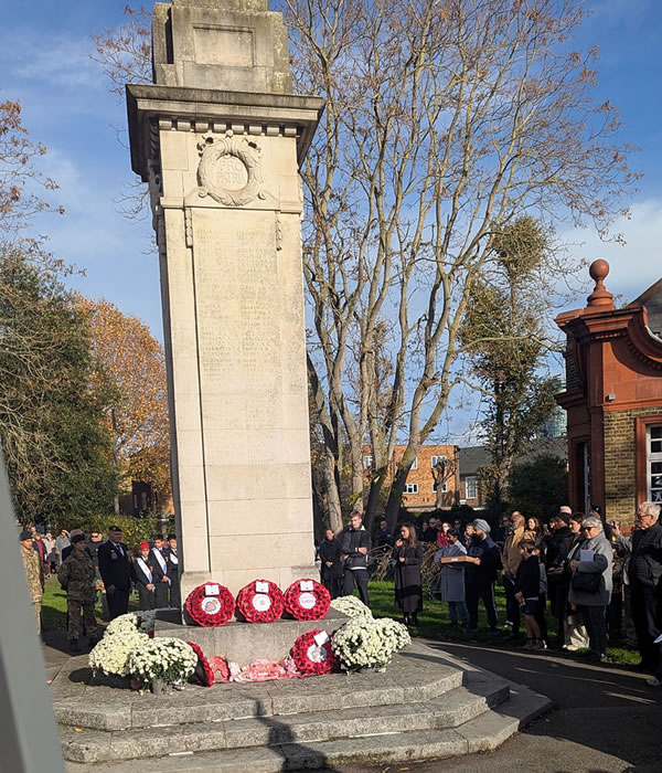 War memorial with wreaths 