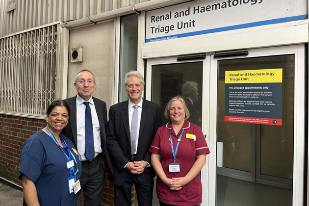 Andy Slaughter and Ben Coleman MP with staff outside the Renal and Haematology Triage Unit at Hammersmith Hospital