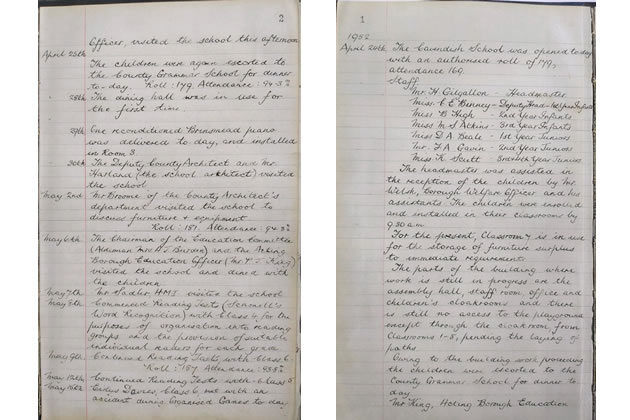 Two pages from an old logbook record from the Headmaster in the year the school opened