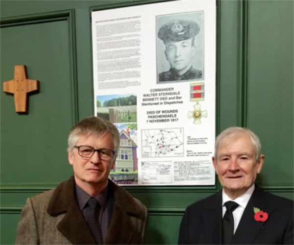 David Beresford on Remembrance Sunday 2017 with the film director Dr Gareth Jones, whose great-uncle Cdr Walter Sterndale-Bennett DSO is remembered on the panel behind them