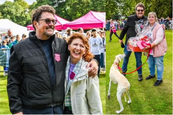 (Left) Michael Ball with Bonnie Langford. Right: Best in Show Amira with Michael Ball and owner Sonja Humphries 
