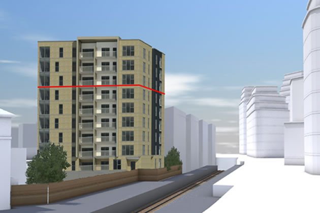 CGI view of scheme from train tracks with increase in height shown by red line