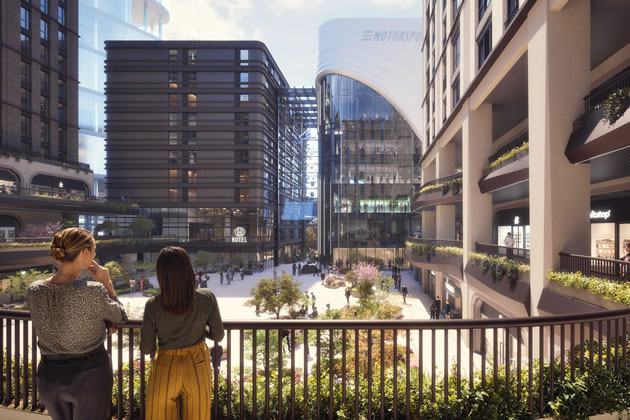 The view across Hudson Square at the centre of the development