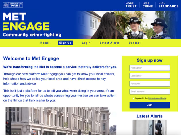 Met Engage home page where you can sign up for updates about your ward and Chiswick