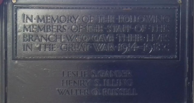 The memorial to staff at the branch who died in the First World War 