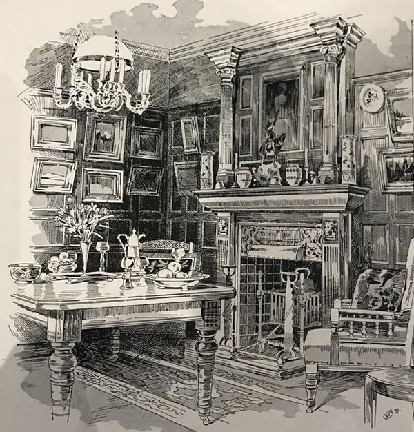 Dining room of Artist and designer George Haité at Ormsby Lodge, c1900
