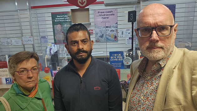 Cllr Joanna Biddolph, Chiswick’s postmaster Daxesh Patel, Cllr Peter Thompson
