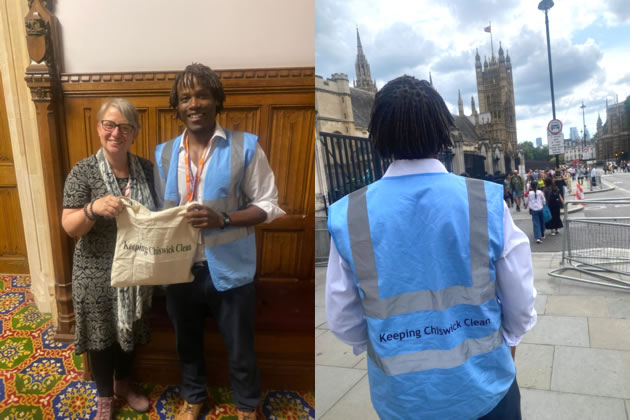 Left: Cllr Mushiso with Baroness Bennett (Green Party). Right: Cllr Mushiso arriving at the Palaces of Westminster with Chiswick Litter Pick hi-vis jacket 