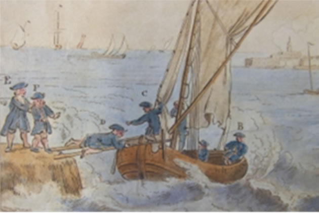 Detail from Samuel Scott’s sketch of Hogarth and friends embarking precariously upon the trip to Kent (British Museum 1847, 0320.1)