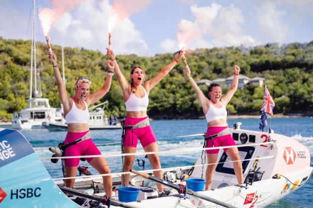 Louise Cox, Jordan Cole-Hossain and Robyn Hart-Winks on their boat 