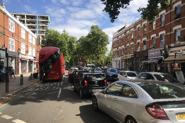 Traffic queueing near the junction with Acton Lane 