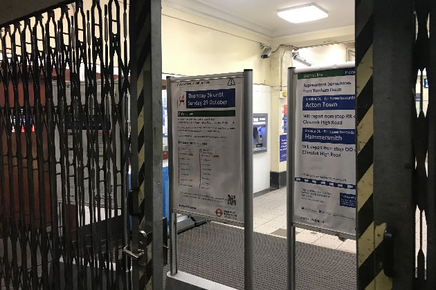 Passengers wishing to travel from Turnham Green are greeted with signs saying there are no trains 