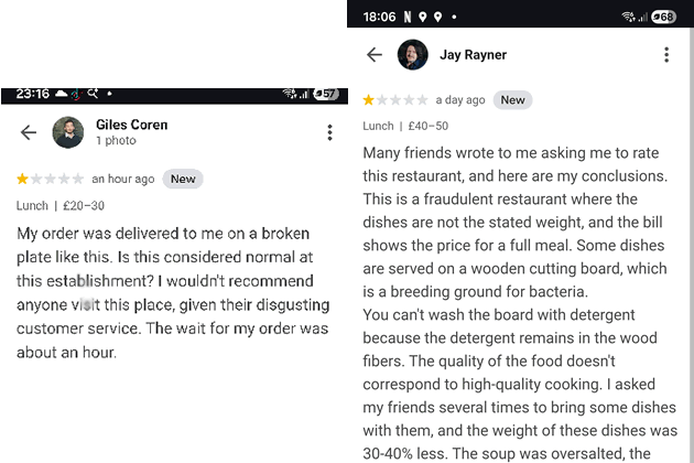 Fake reviews from celebrity chefs were posted 