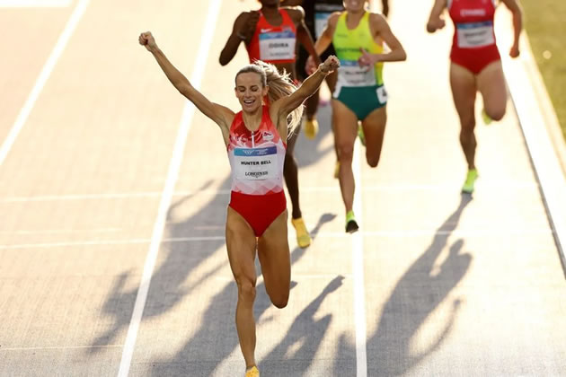 Georgia Hunter-Bell crosses the line first in Glasgow