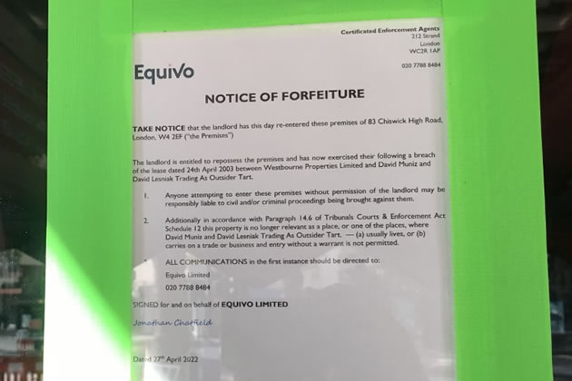The Notice of Forfeiture posted at 83 Chiswick High Road 