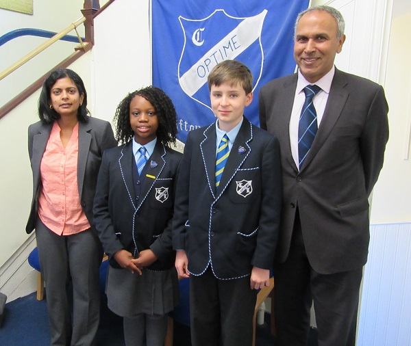 Dr Rupa Huq and Headteacher Dr Tony Thamia at Clifton Lodge School with headgirl/boyl 