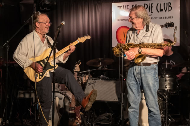 Ealing Blues Festival founder Robert Hokum (l) on stage with Terry Marshall (r) 