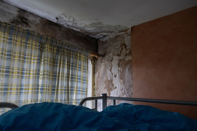 Water damage at Dee Foli's flat, Denmead House, Alton Estate, Roehampto