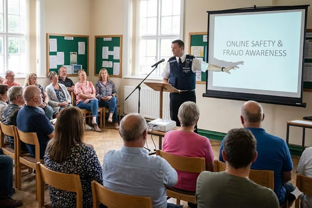 A police officer addresses a public meeting on online security.