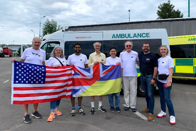 Volunteer drivers just after they had crossed into Ukraine 