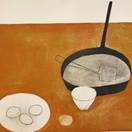A painting of a pan and eggs  Description automatically generated