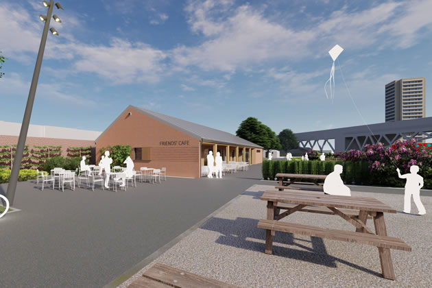 •	Artist’s impression of Boston Manor Park’s refurbished café, with new education space and outdoor seating area. Credit: Kaner Olette 