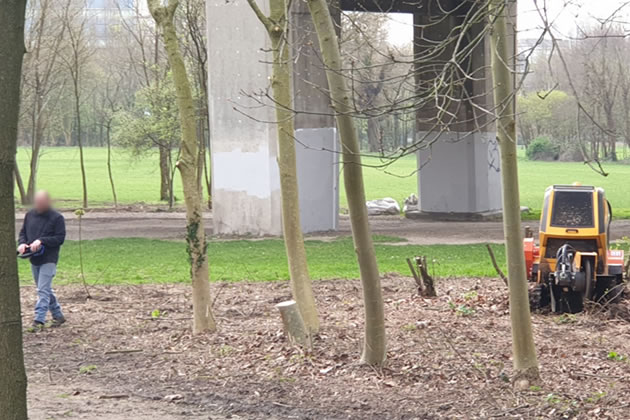 A machine called the Predator is being used to remove tree stumps