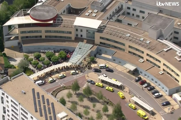 An aerial view of Central Middlesex Hospital during the incident