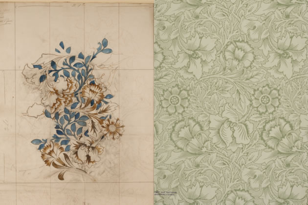 Left: 'Pink and Poppy' original design. Right: 'Pink and Poppy' wallpaper, The William Morris Society Collection