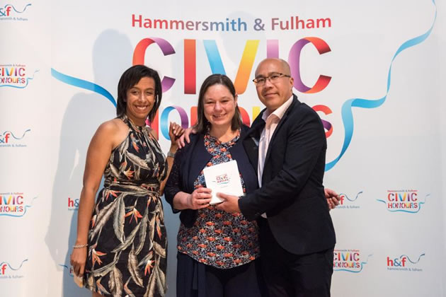 Emma Faunch (pictured centre), a volunteer cook at the Barons Court Project, won the Most Dedicated Volunteer Civic Honour in 2019