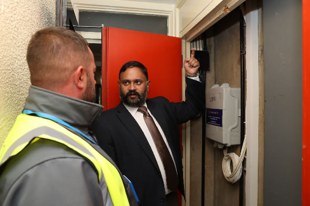 Cllr Rajawat visits Boulton House on Brentford Towers estate to learn more about the Community Fibre broadband installation