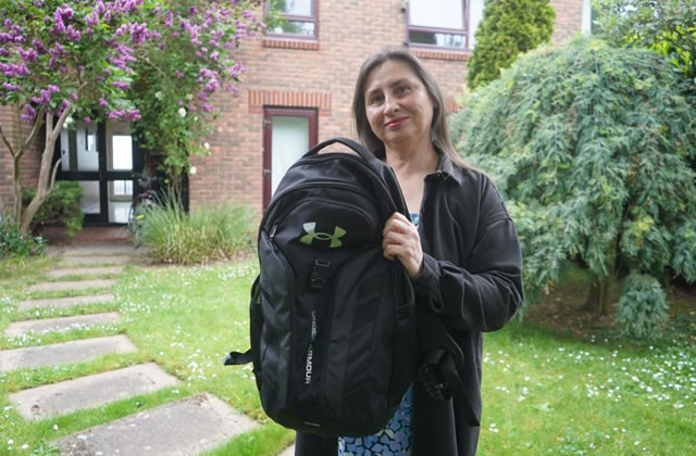 Iryna Dydyk with the small backpack she travelled with between Ukraine and the UK