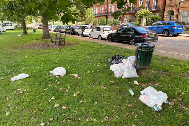 Litter on Kew Green. The travellers say they bag up their waste when they leave