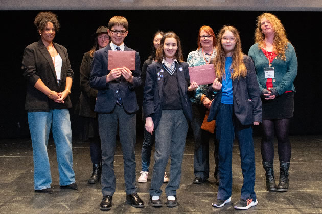 Front row: Jasper, Idil, Lili - Latymer Upper students. Back row – author guests: Natasha Bowen, Frances Hardinge, Ann Sei Lin (TSBA winner), Teri Terry, Chloe Daykin