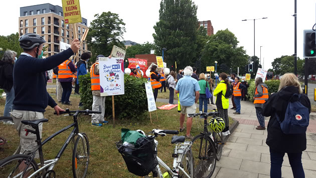 Protesters outside Ealing hospital for the 72nd birthday of the NHS