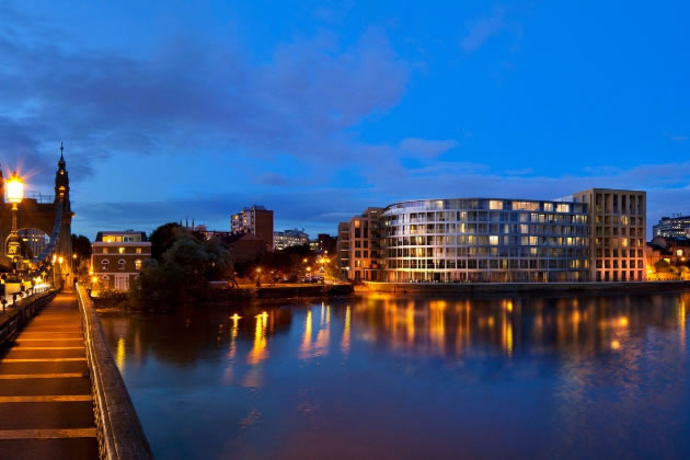 Riverside Studios viewed at night from Barnes