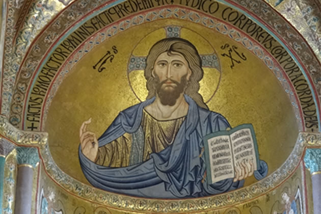 The Christ Pantocrator mosaic in the apse of the Cefal&ugrave; Cathedral in Sicily