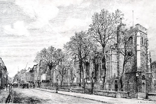 St Lawrence’s Church and Brentford High Street, May 1880, etching by Auguste Ballin (1842-1909). Picture: Chiswick Local Studies Collection
