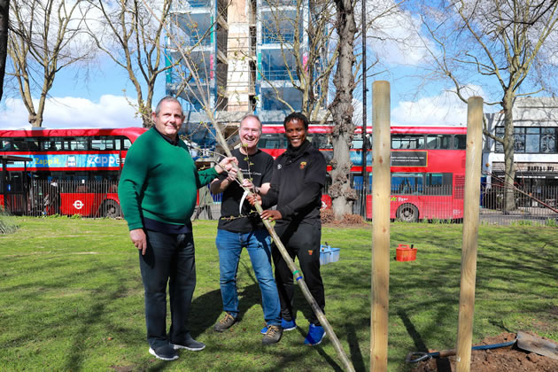 Steve Curran, Ed Stanley from the Friends of Turnham Green and Cllr Ron Mushiso planting a tr