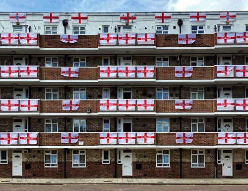 Becklow Gardens Estate in Shepherd's Bush festooned with English flags