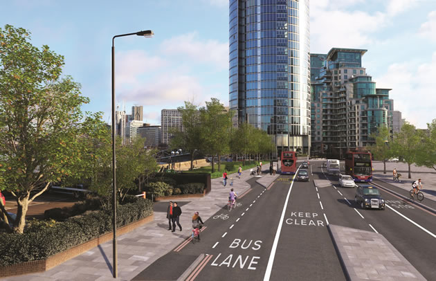 view of Nine Elms Lane towards St George Wharf 